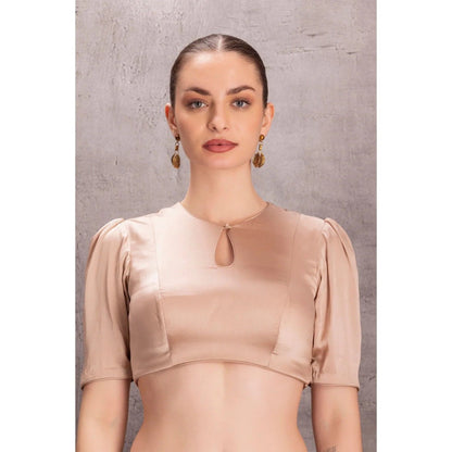 Janki India Beige Organza Saree with Stitched Blouse and Petticoat