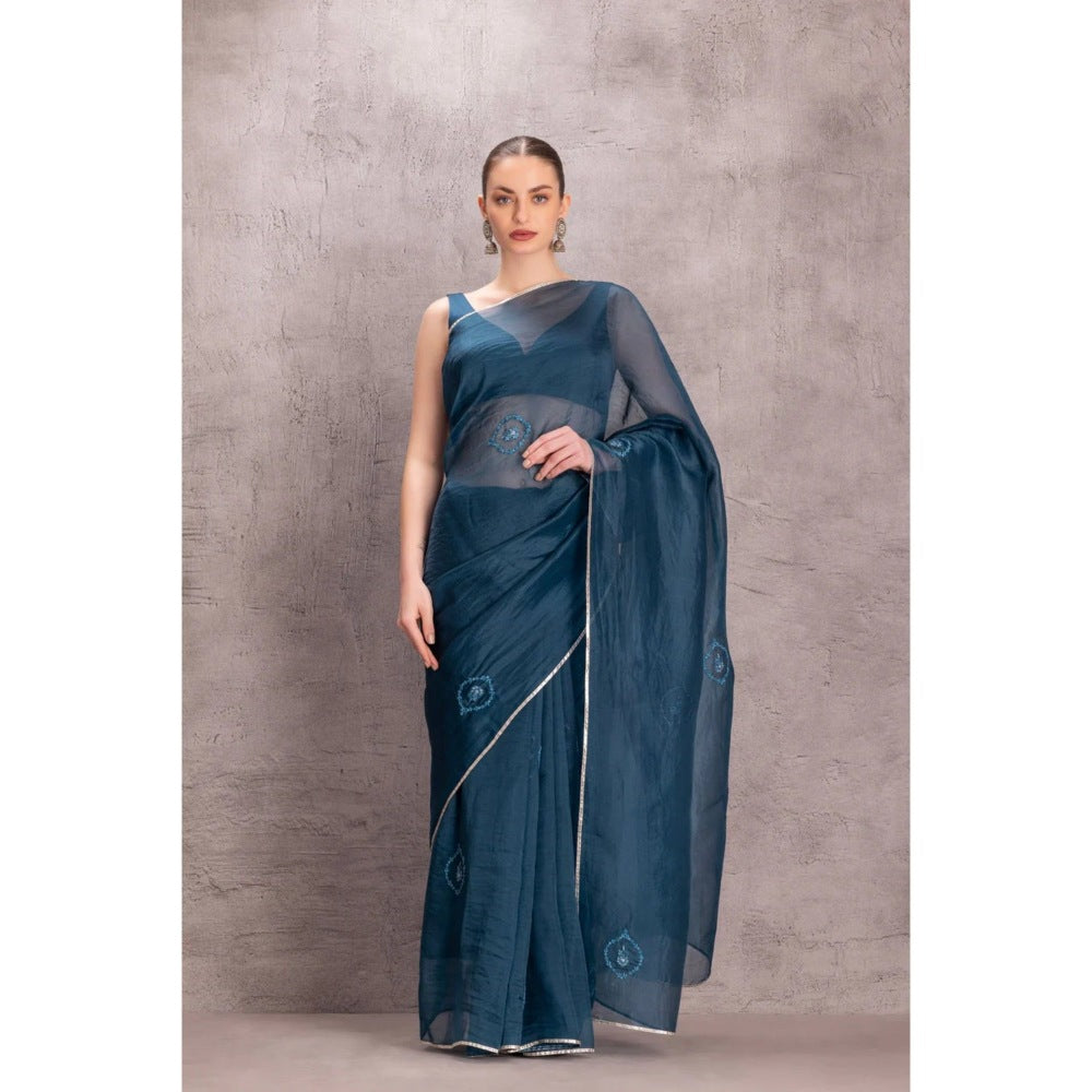 Janki India Blue Organza Saree with Stitched Blouse and Petticoat