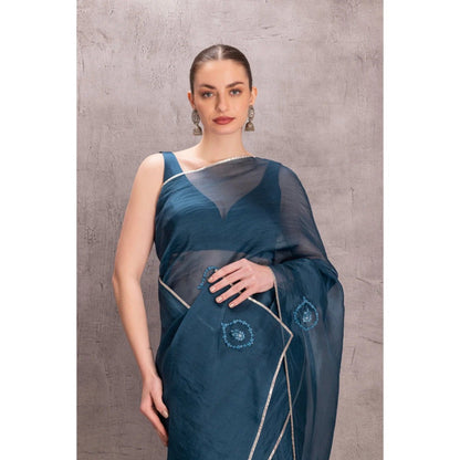 Janki India Blue Organza Saree with Stitched Blouse and Petticoat