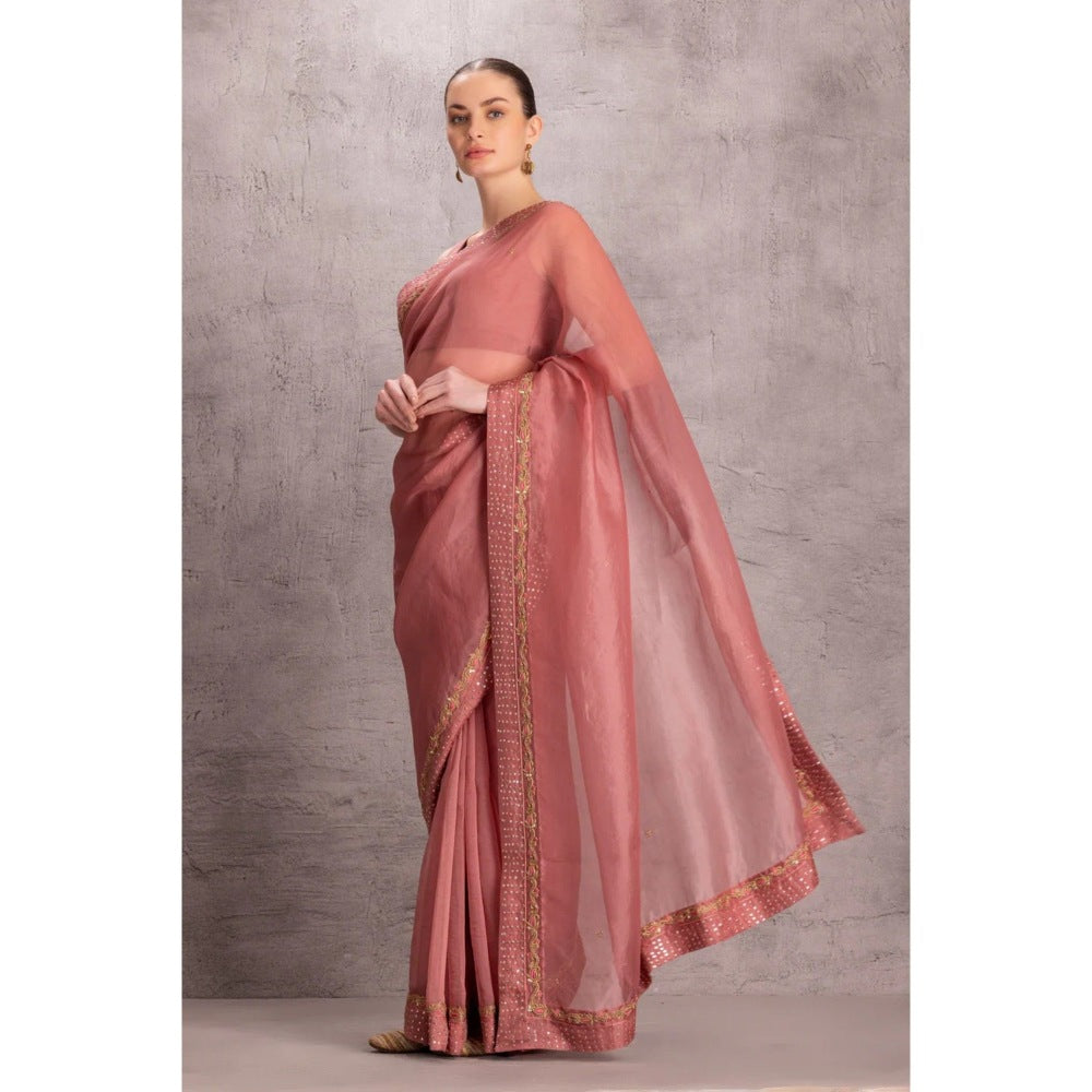 Janki India Dusty Pink Organza Saree with Stitched Blouse and Petticoat