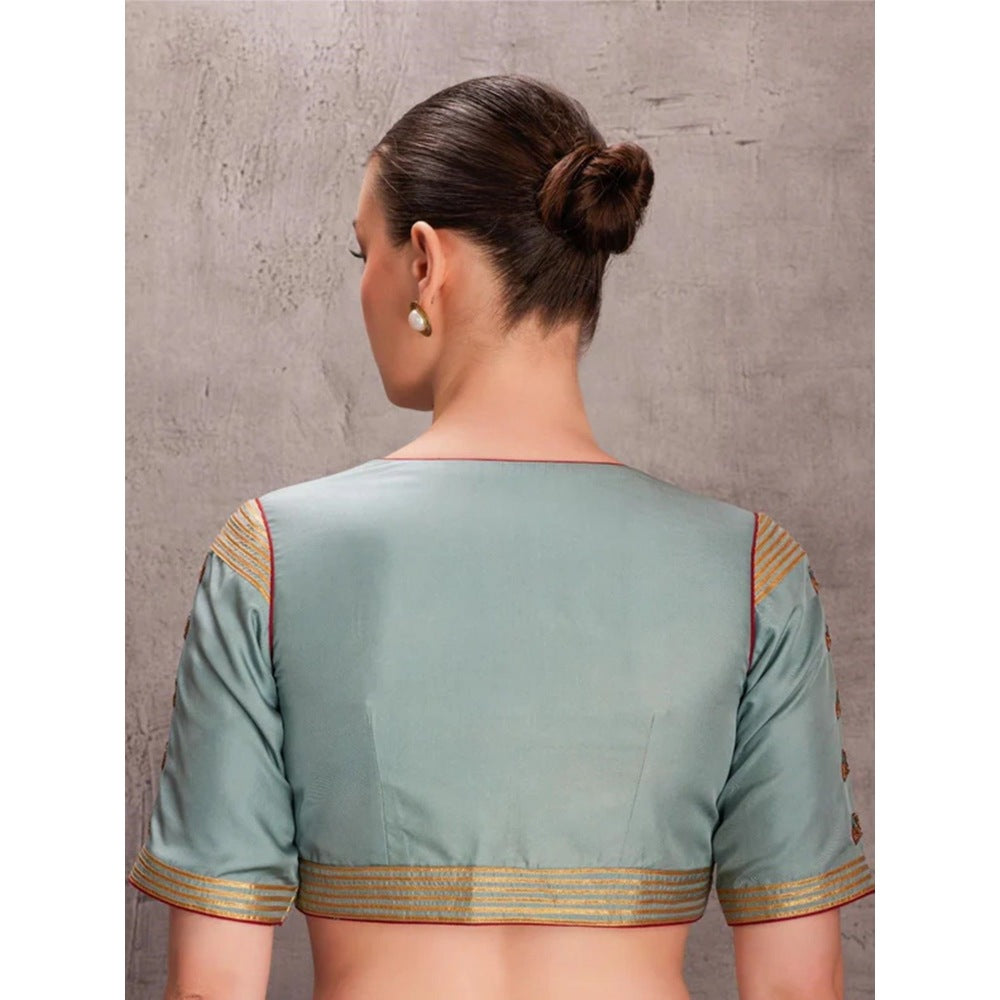 Janki India Sky Blue Saree with Stitched Blouse and Petticoat