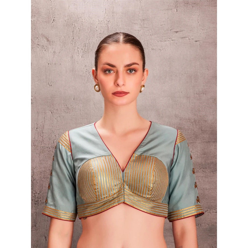 Janki India Sky Blue Saree with Stitched Blouse and Petticoat