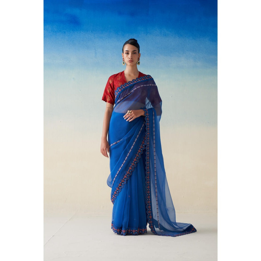 Janki India Midnight Blue Organza Embroidered Saree and Petticoat Without Blouse