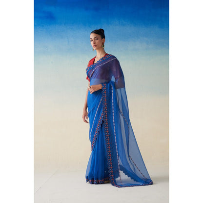 Janki India Midnight Blue Organza Embroidered Saree and Petticoat Without Blouse