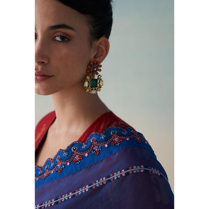 Janki India Midnight Blue Organza Embroidered Saree and Petticoat Without Blouse