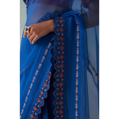 Janki India Midnight Blue Organza Embroidered Saree and Petticoat Without Blouse