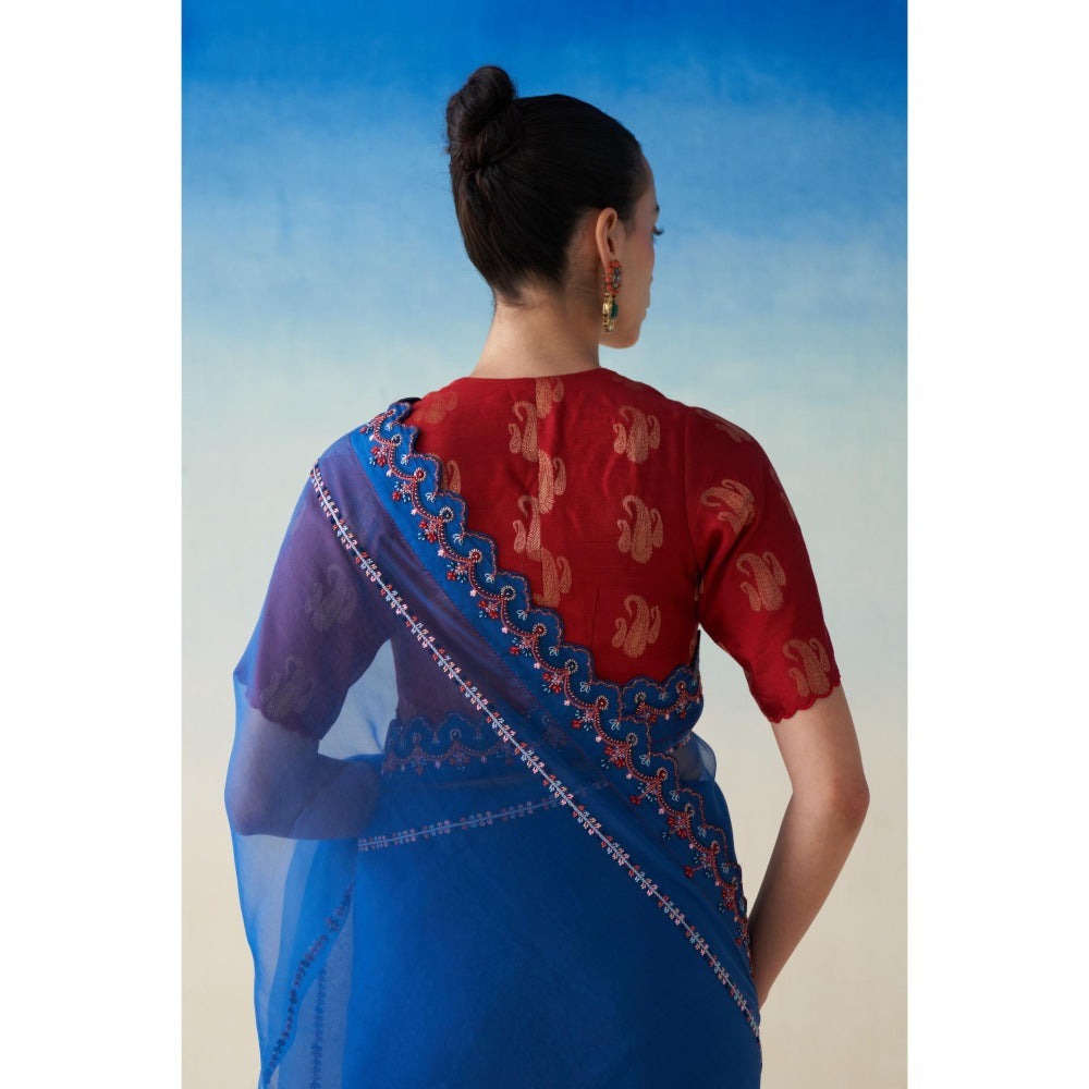 Janki India Midnight Blue Organza Embroidered Saree and Petticoat Without Blouse