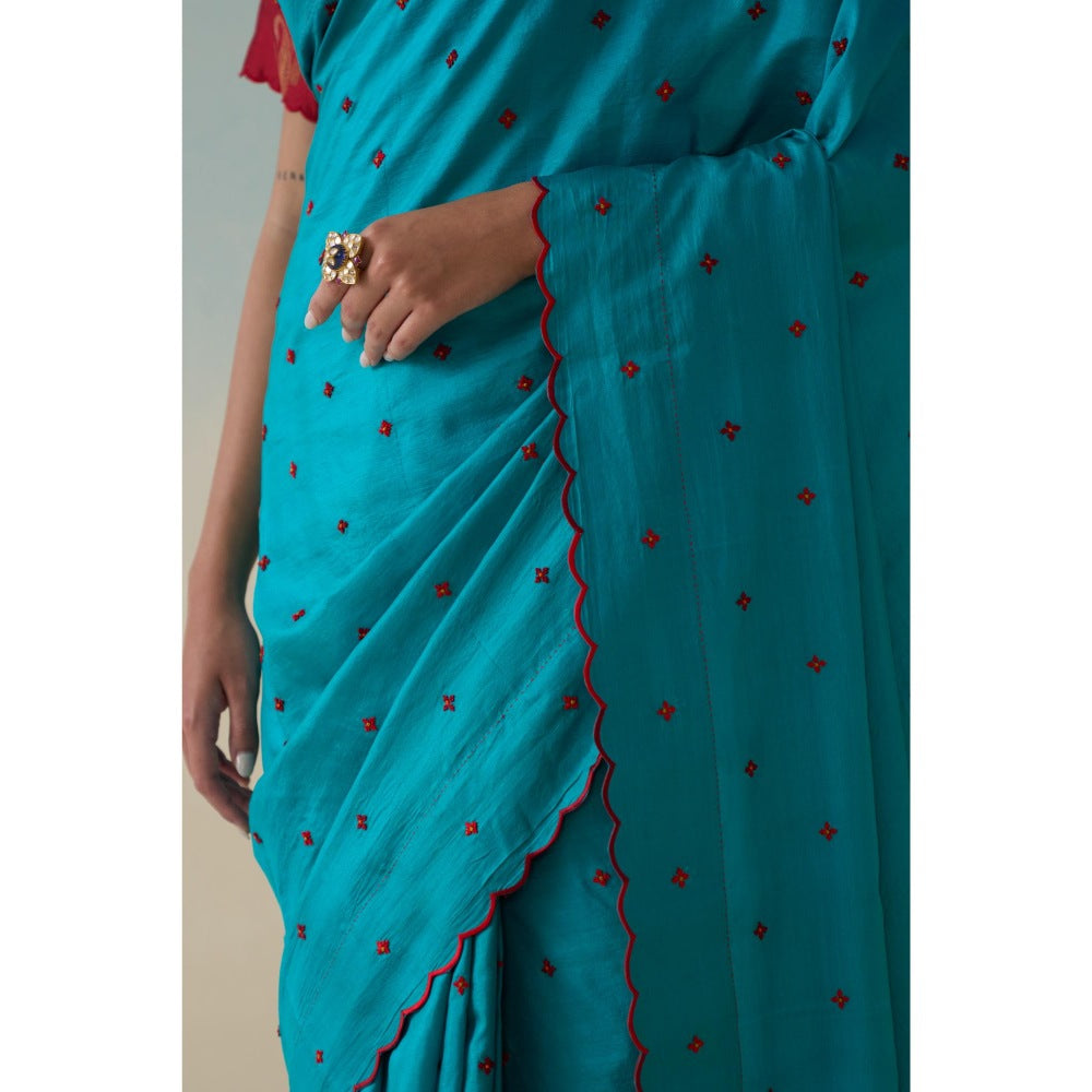 Janki India Turquoise Silk Embroidered Saree and Petticoat Without Blouse