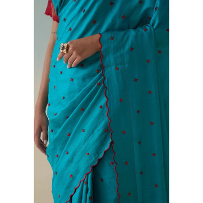 Janki India Turquoise Silk Embroidered Saree and Petticoat Without Blouse