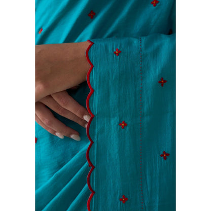 Janki India Turquoise Silk Embroidered Saree and Petticoat Without Blouse