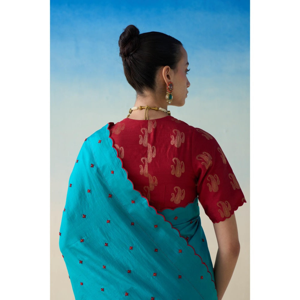 Janki India Turquoise Silk Embroidered Saree and Petticoat Without Blouse