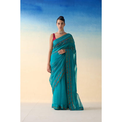 Janki India Turquoise Silk Embroidered Saree and Petticoat Without Blouse