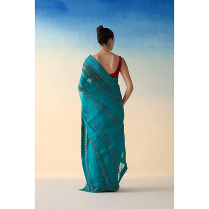 Janki India Turquoise Silk Embroidered Saree and Petticoat Without Blouse