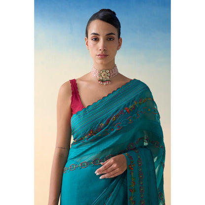 Janki India Turquoise Silk Embroidered Saree and Petticoat Without Blouse