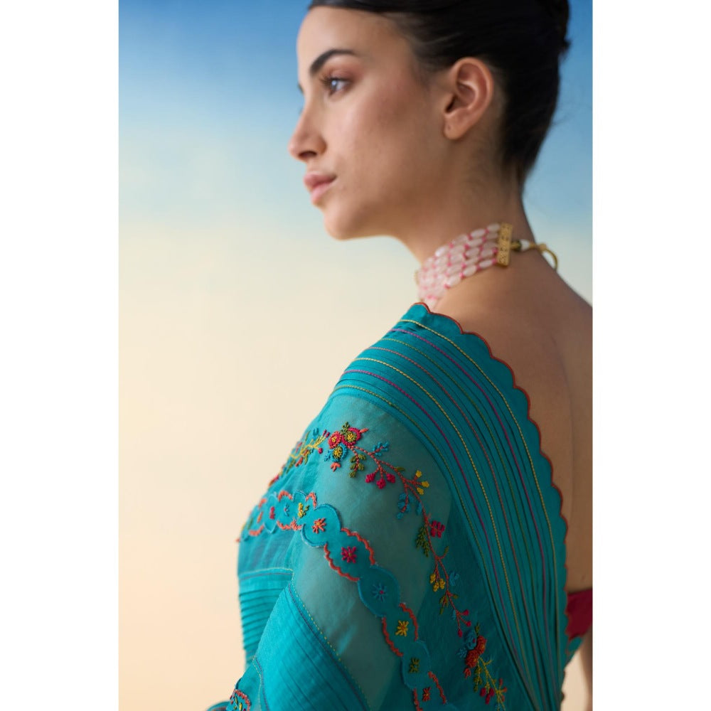 Janki India Turquoise Silk Embroidered Saree and Petticoat Without Blouse
