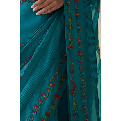 Janki India Turquoise Silk Embroidered Saree and Petticoat Without Blouse