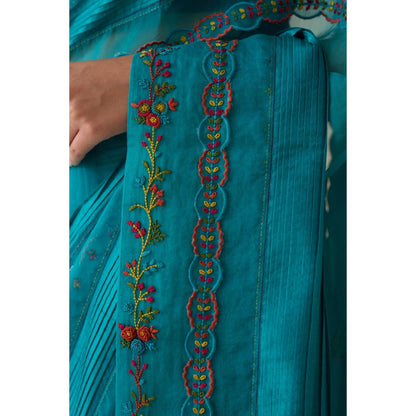 Janki India Turquoise Silk Embroidered Saree and Petticoat Without Blouse