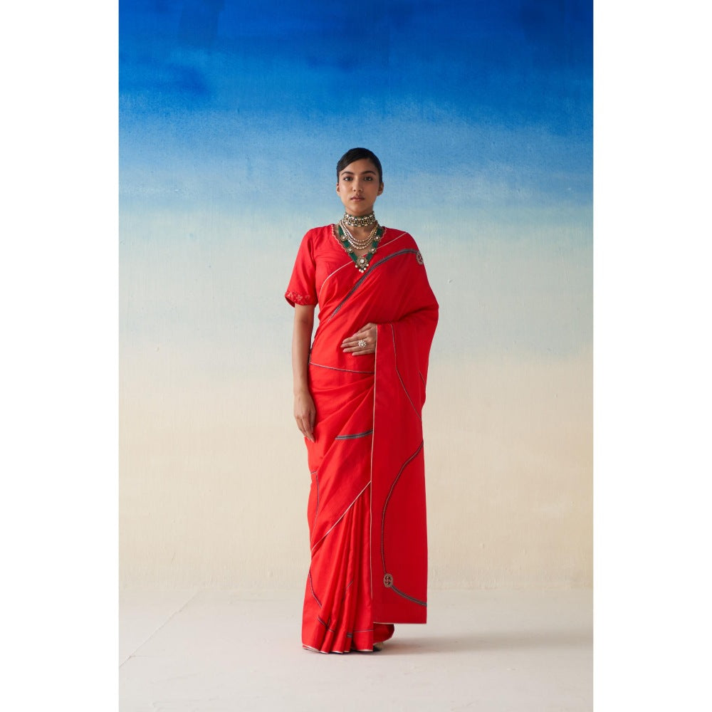 Janki India Red Silk Embroidered Saree and Petticoat Without Blouse