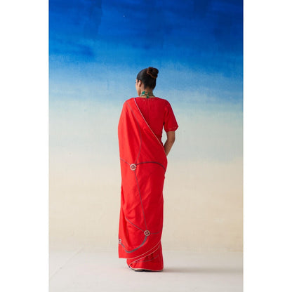 Janki India Red Silk Embroidered Saree and Petticoat Without Blouse