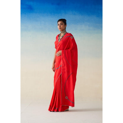 Janki India Red Silk Embroidered Saree and Petticoat Without Blouse