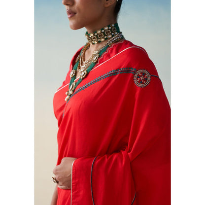 Janki India Red Silk Embroidered Saree and Petticoat Without Blouse