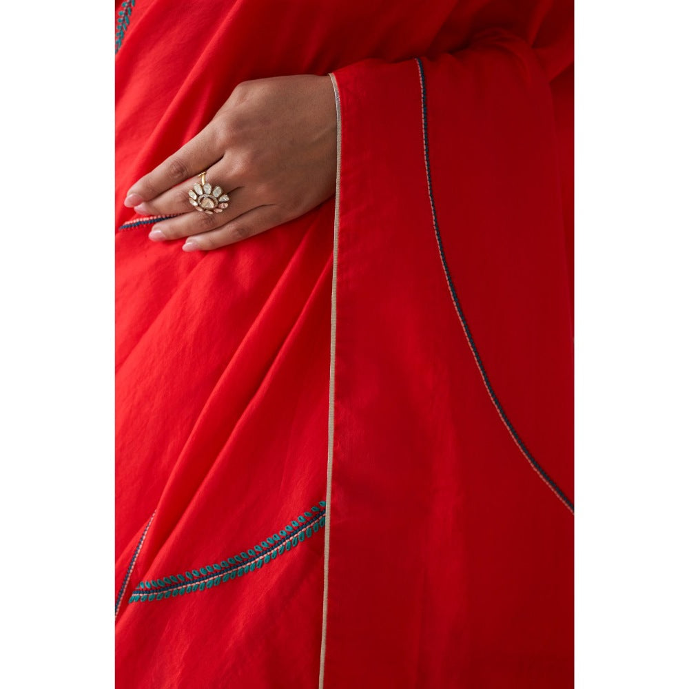 Janki India Red Silk Embroidered Saree and Petticoat Without Blouse