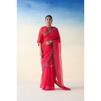Janki India Pink Embroidered Organza Saree and Petticoat Without Blouse