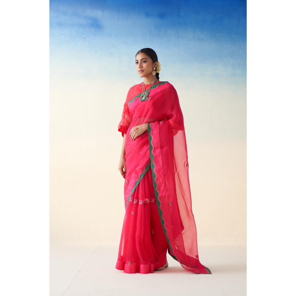 Janki India Pink Embroidered Organza Saree and Petticoat Without Blouse