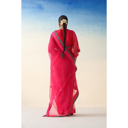 Janki India Pink Embroidered Organza Saree and Petticoat Without Blouse
