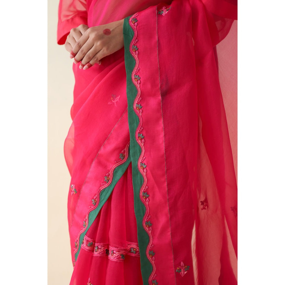 Janki India Pink Embroidered Organza Saree and Petticoat Without Blouse