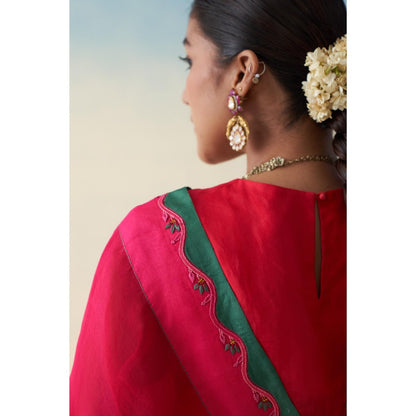 Janki India Pink Embroidered Organza Saree and Petticoat Without Blouse