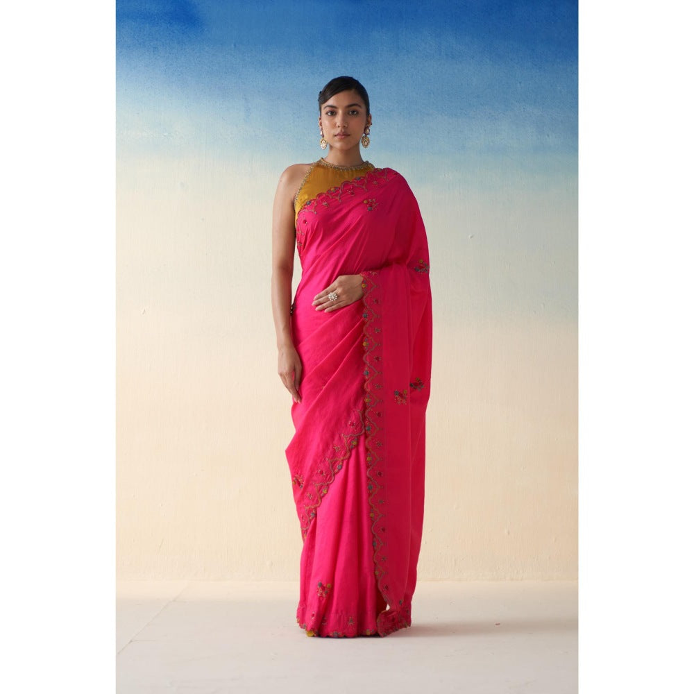 Janki India Pink Silk Embroidered Saree and Petticoat Without Blouse