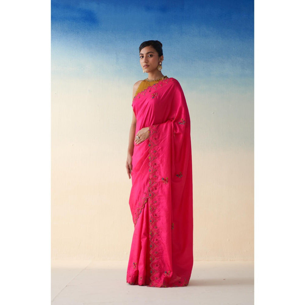 Janki India Pink Silk Embroidered Saree and Petticoat Without Blouse