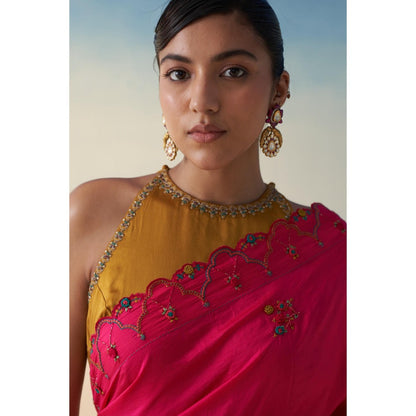 Janki India Pink Silk Embroidered Saree and Petticoat Without Blouse