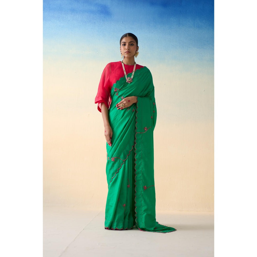 Janki India Green Multi-Coloured Silk Saree and Petticoat Without Blouse
