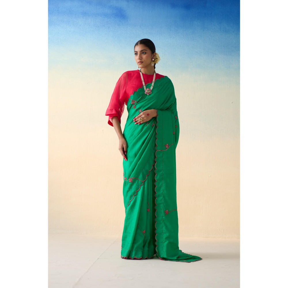 Janki India Green Multi-Coloured Silk Saree and Petticoat Without Blouse