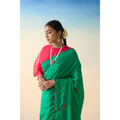 Janki India Green Multi-Coloured Silk Saree and Petticoat Without Blouse