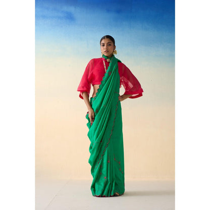 Janki India Green Multi-Coloured Silk Saree and Petticoat Without Blouse