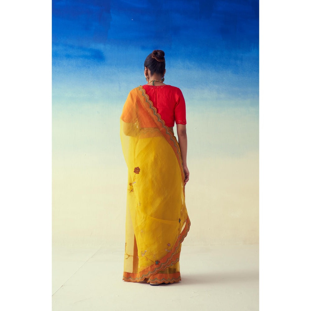 Janki India Yellow Organza Floral Embroidered Saree and Petticoat Without Blouse
