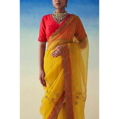 Janki India Yellow Organza Floral Embroidered Saree and Petticoat Without Blouse