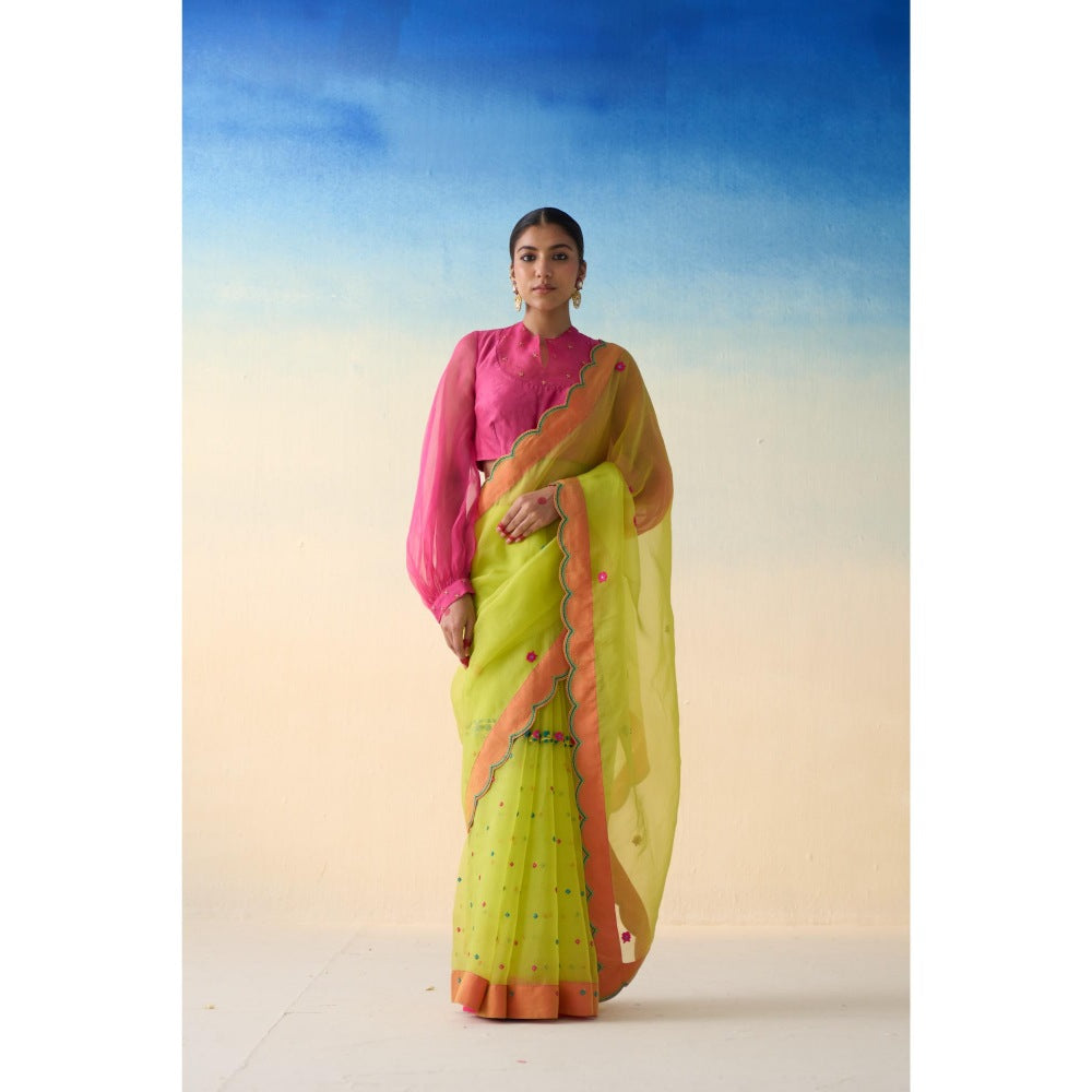 Janki India Lime Green Organza Embroidered Saree and Petticoat Without Blouse