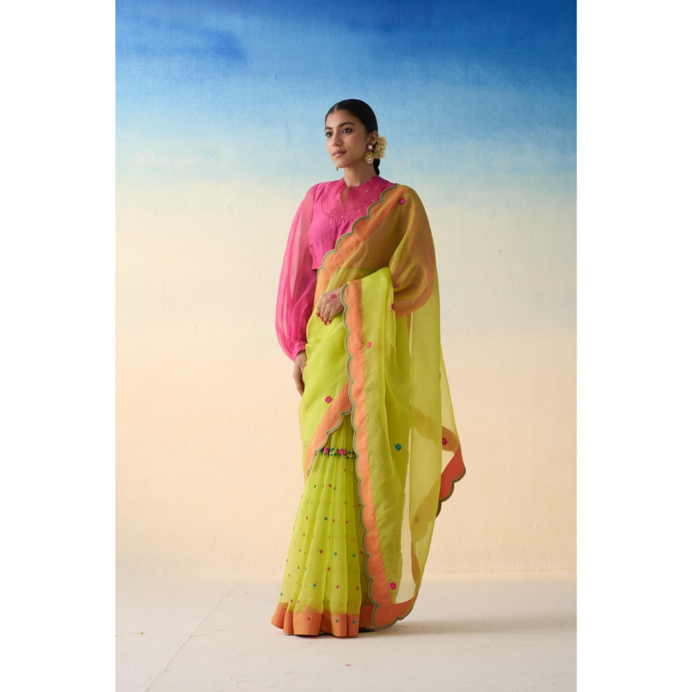 Janki India Lime Green Organza Embroidered Saree and Petticoat Without Blouse