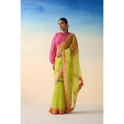 Janki India Lime Green Organza Embroidered Saree and Petticoat Without Blouse