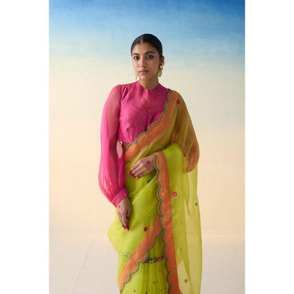 Janki India Lime Green Organza Embroidered Saree and Petticoat Without Blouse