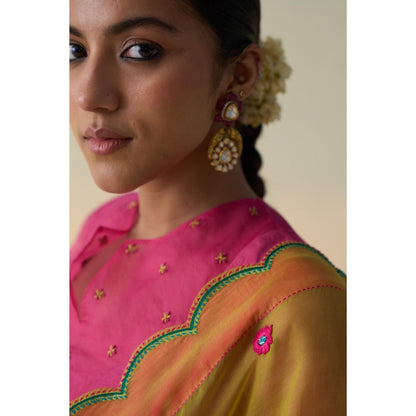 Janki India Lime Green Organza Embroidered Saree and Petticoat Without Blouse