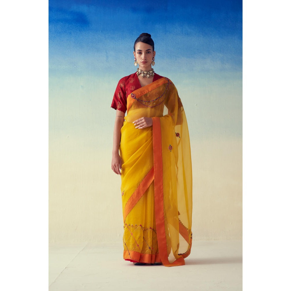Janki India Yellow Organza Embroidered Saree and Petticoat Without Blouse