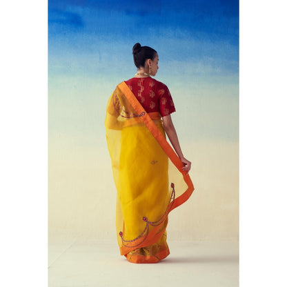 Janki India Yellow Organza Embroidered Saree and Petticoat Without Blouse