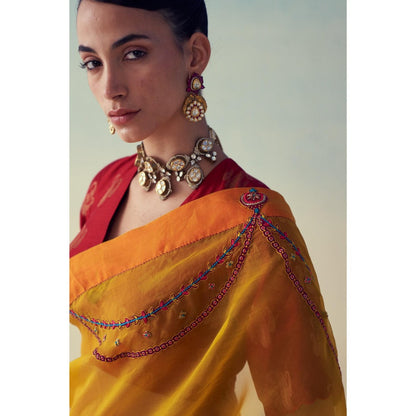 Janki India Yellow Organza Embroidered Saree and Petticoat Without Blouse