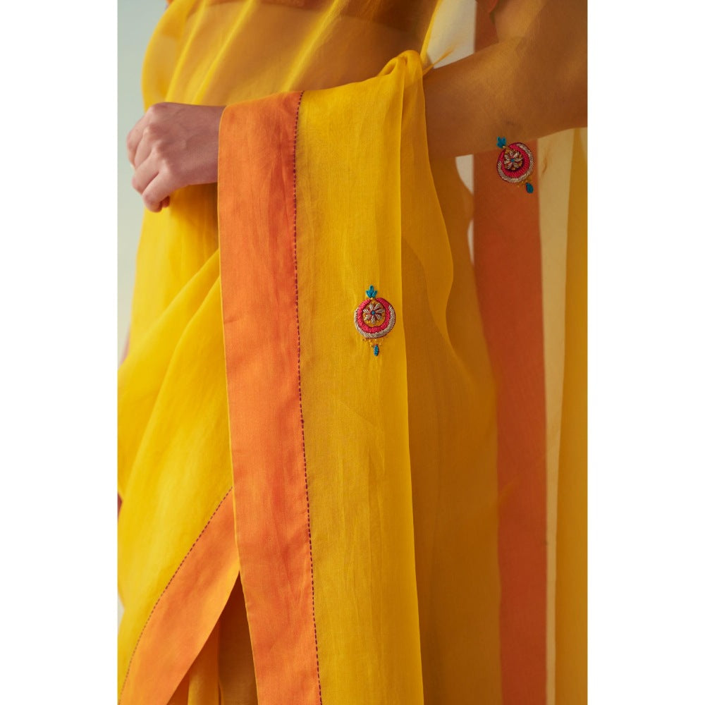 Janki India Yellow Organza Embroidered Saree and Petticoat Without Blouse