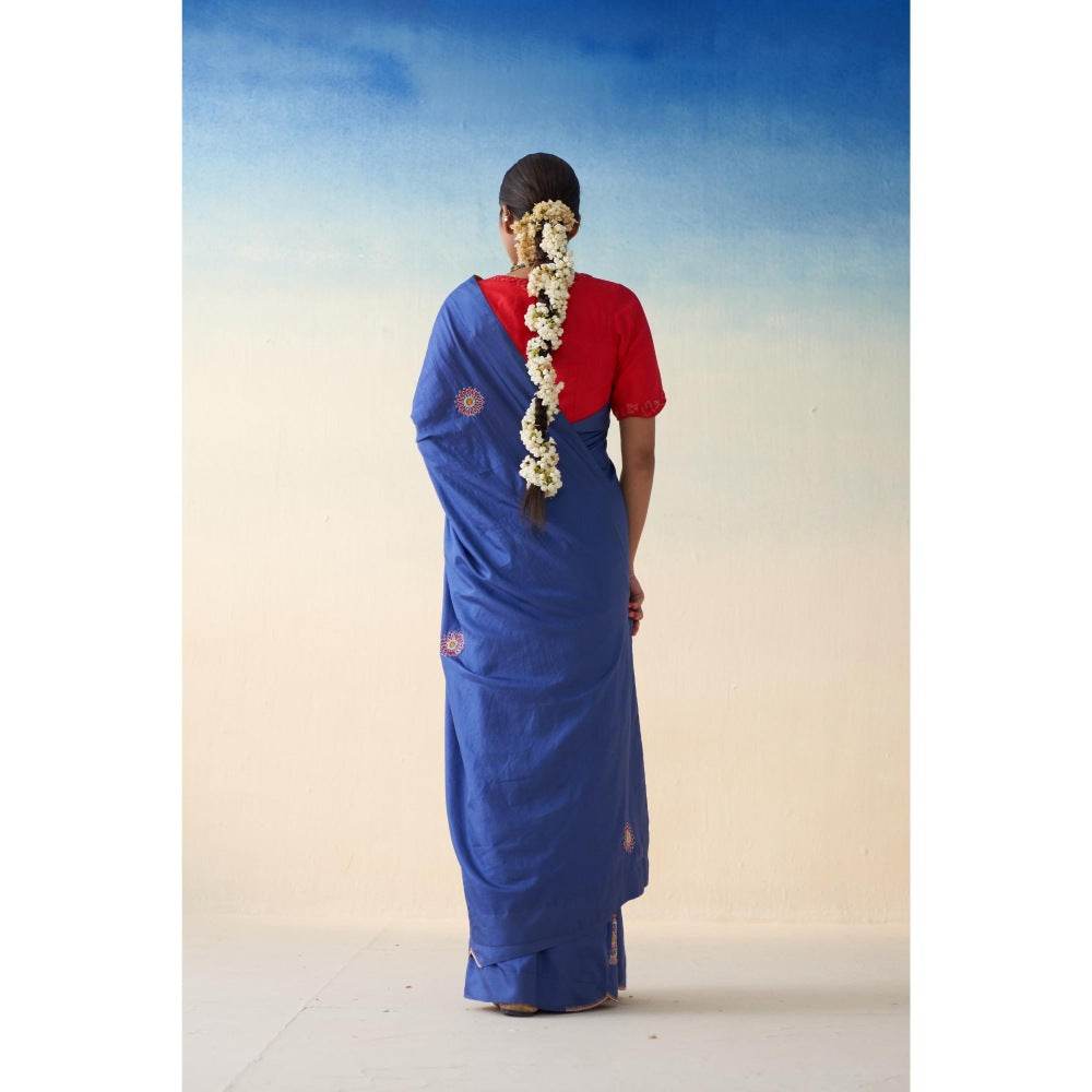 Janki India Blue Thread Embroidered Silk Saree and Petticoat Without Blouse